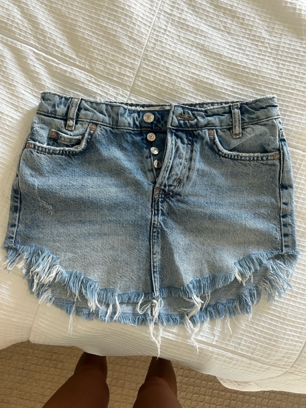 We The Free FP Sky High Western Mini Skirt Denim Jean Raw Asymmetrical Hem- 0 - Picture 15 of 16